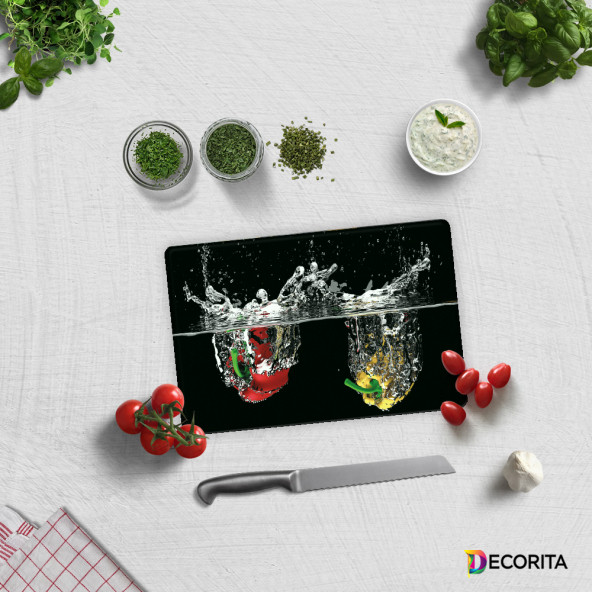 DECORITA Cam Kesme Tahtası- Su ve Sebzeler