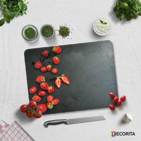 DECORITA Cam Kesme Tahtası- Siyah Zeminde Çilekler - 3