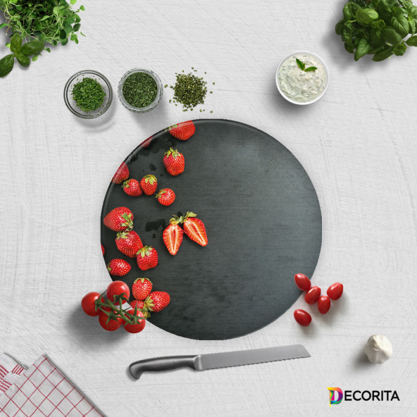 DECORITA Cam Kesme Tahtası- Siyah Zeminde Çilekler - 4