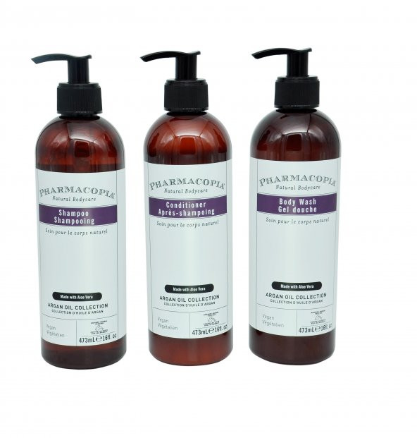 PHARMACOPIA Natural Bodycare Aloe Vera Argan Oil Collection 473 ML X 3 Saç ve Vücut Bakım Seti