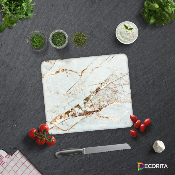 DECORITA Cam Kesme Tahtası- Gold Detaylı Beyaz Mermer - 2