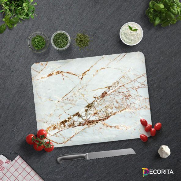 DECORITA Cam Kesme Tahtası- Gold Detaylı Beyaz Mermer - 3