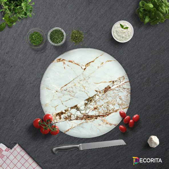 DECORITA Cam Kesme Tahtası- Gold Detaylı Beyaz Mermer - 4