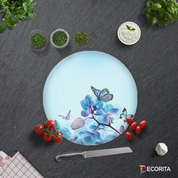 DECORITA Cam Kesme Tahtası- Mavi Çiçek Kelebek - 4
