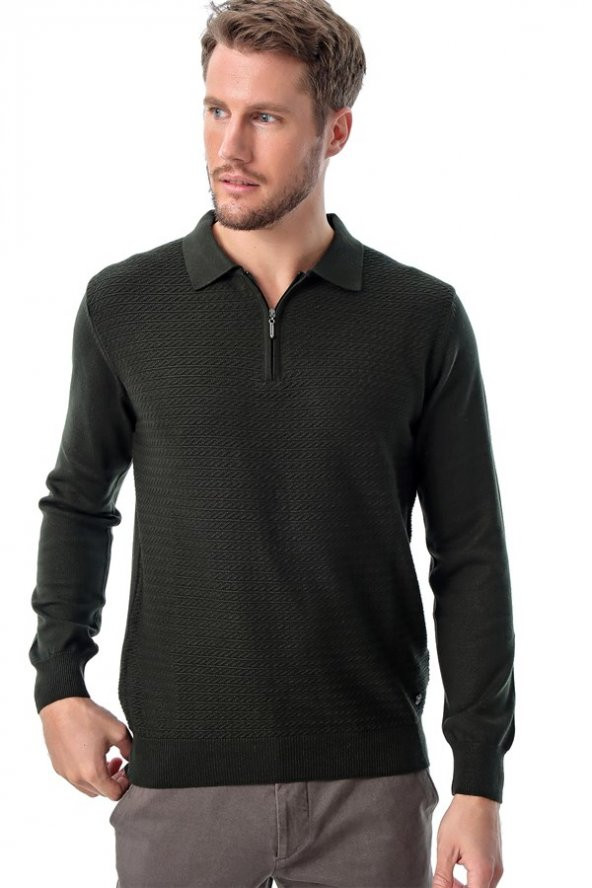 Polo Yaka Fermuarlı Desenli Triko Yeşil