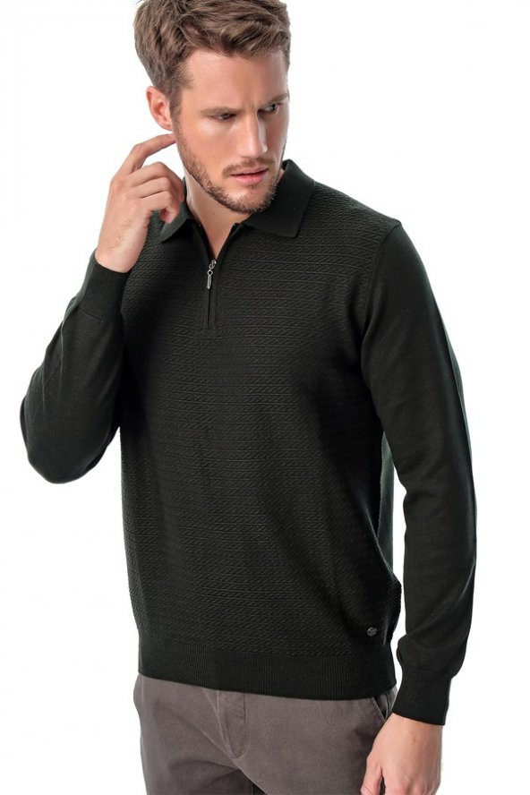 Polo Yaka Fermuarlı Desenli Triko Yeşil - 2