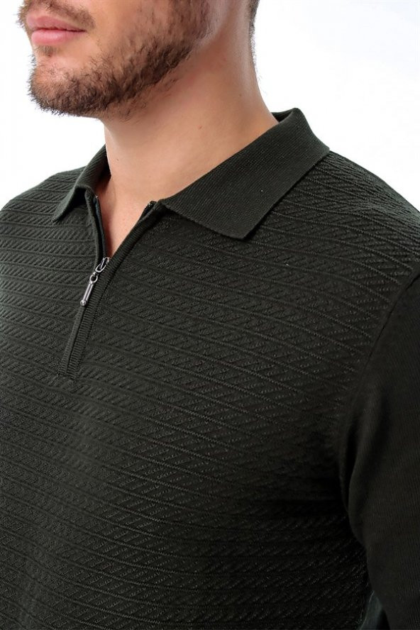 Polo Yaka Fermuarlı Desenli Triko Yeşil - 3