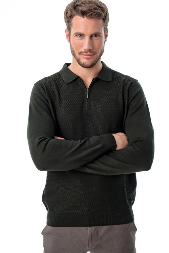 Polo Yaka Fermuarlı Desenli Triko Yeşil - 4