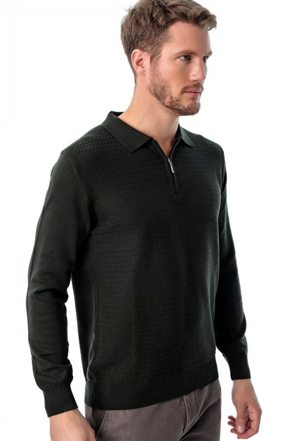 Polo Yaka Fermuarlı Desenli Triko Yeşil - 5
