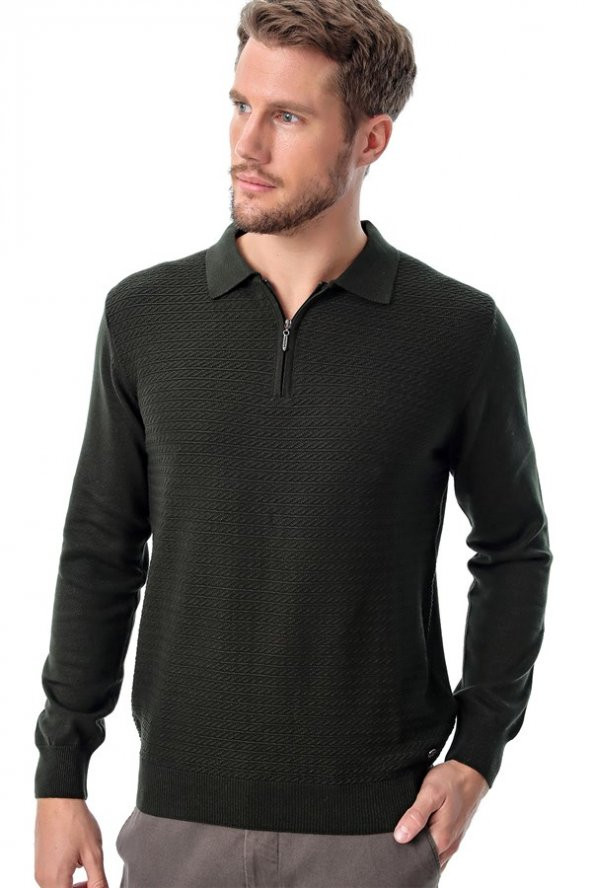 Polo Yaka Fermuarlı Desenli Triko Yeşil - 6