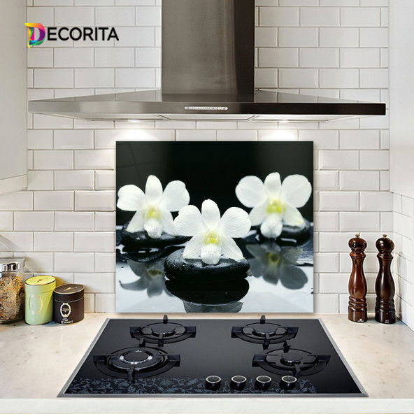 DECORITA Cam Ocak Arkası Koruyucu- Siyah Fon Beyaz Orkideler - 2