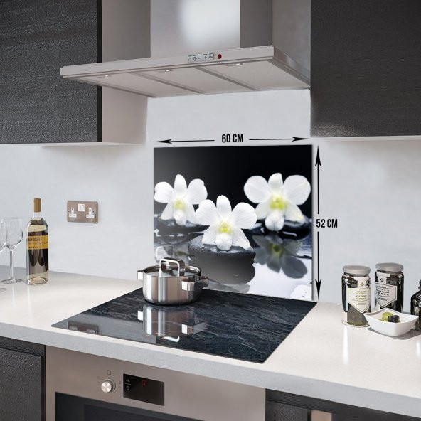 DECORITA Cam Ocak Arkası Koruyucu- Siyah Fon Beyaz Orkideler - 4