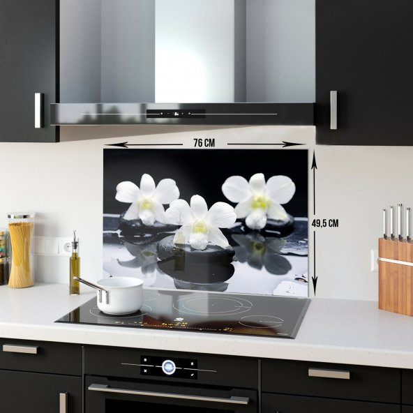 DECORITA Cam Ocak Arkası Koruyucu- Siyah Fon Beyaz Orkideler - 5