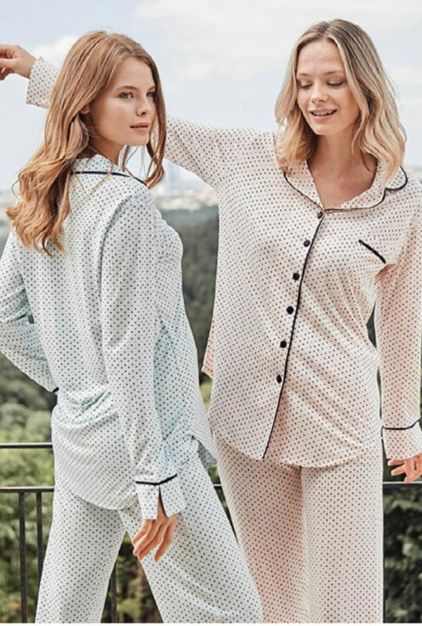 Bone Club 5125 Mavi  Noktalı Önden Düğmeli Lohusa Pijama Tk - 3