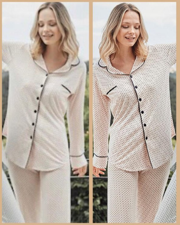 Bone Club 5125 Pudra Noktalı Önden Düğmeli Lohusa Pijama Tk