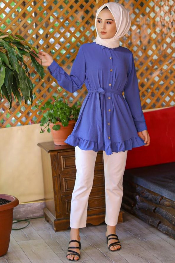 Düğmeli Kemerli Tunik Mavi - 4039.365. - 2