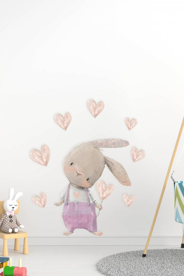 Sevimli Tavşan ve Kalpler Çocuk Bebek Odası Sticker