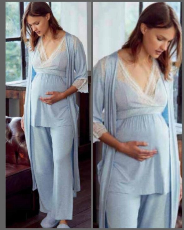 ANIL 9603  MAVİ Yeni Sezon Hamile Lohusa 3Lü Pijama Sabahlık Takım