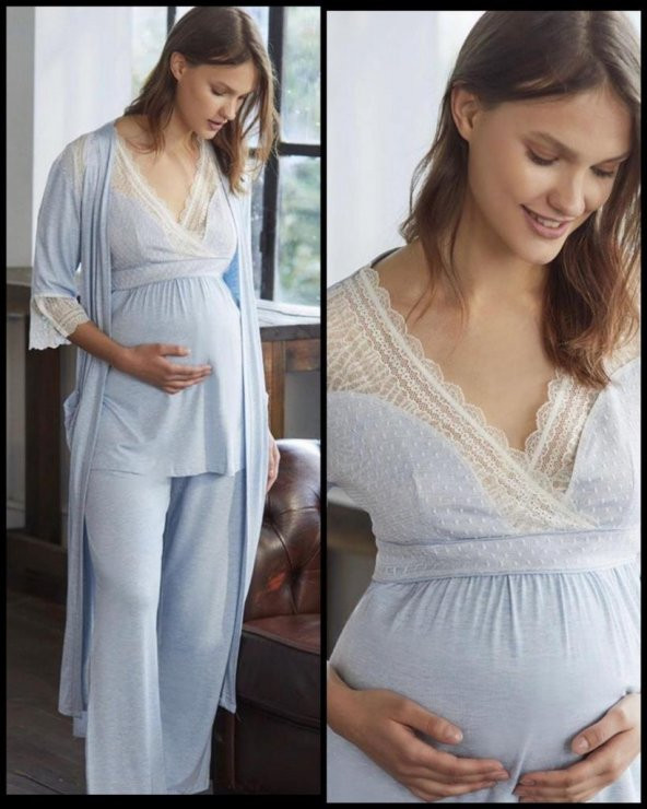 ANIL 9603  MAVİ Yeni Sezon Hamile Lohusa 3Lü Pijama Sabahlık Takım - 5