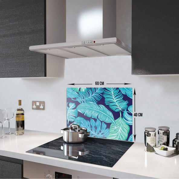 DECORITA Cam Ocak Arkası Koruyucu- Mavi Tropik Yapraklar - 3