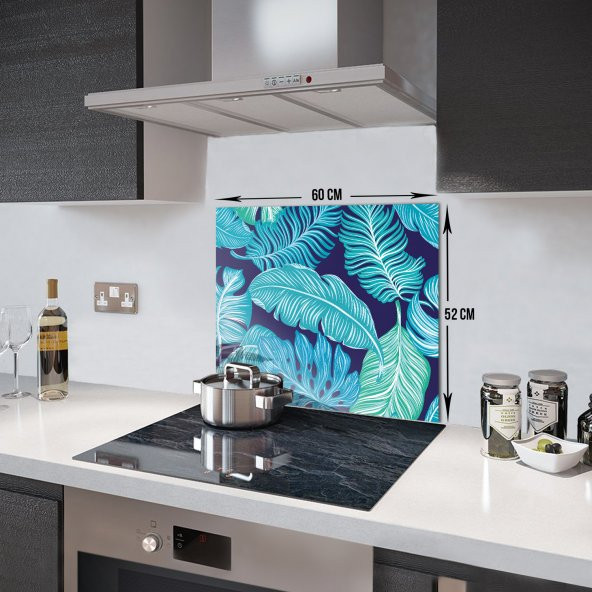 DECORITA Cam Ocak Arkası Koruyucu- Mavi Tropik Yapraklar - 4