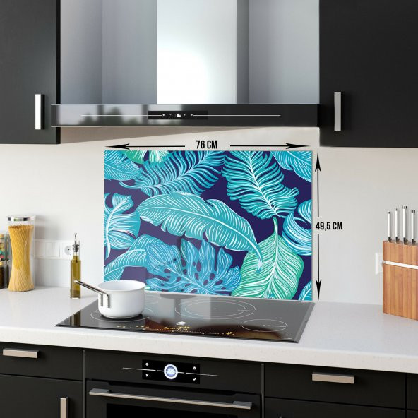 DECORITA Cam Ocak Arkası Koruyucu- Mavi Tropik Yapraklar - 5