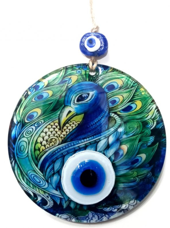 Tavus Kuşu Desenli Füzyon Cam Nazar Boncuklu El Yapımı 12 Santimetre Çapında Duvar Süsü - Resim 2