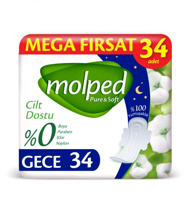 Molped Pure&Soft Hijyenik Ped Gece Mega Fırsat 34 Adet