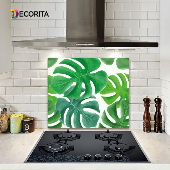 DECORITA Cam Ocak Arkası Koruyucu- Yeşil Tropik Yapraklar - Resim 2