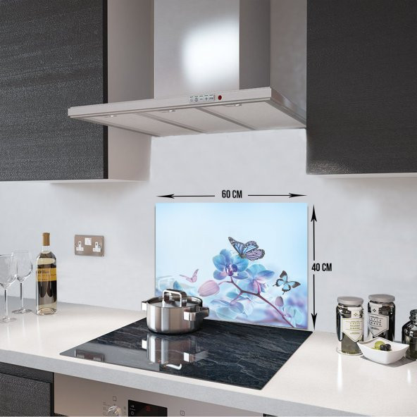 DECORITA Cam Ocak Arkası Koruyucu- Mavi Çiçek Kelebek - 3