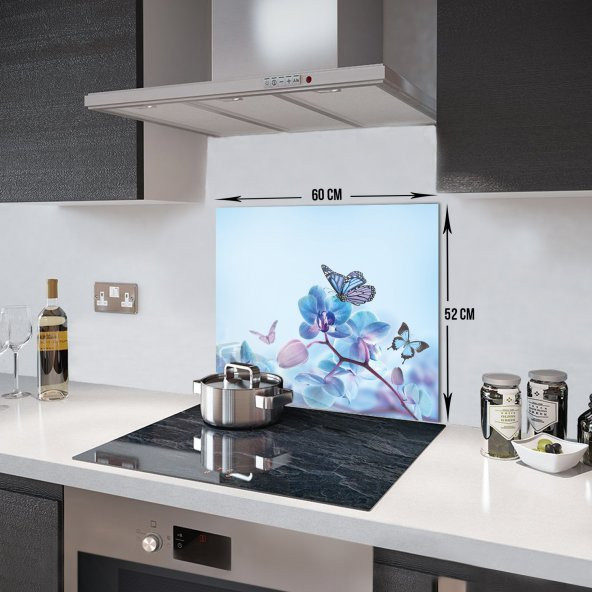 DECORITA Cam Ocak Arkası Koruyucu- Mavi Çiçek Kelebek - 4
