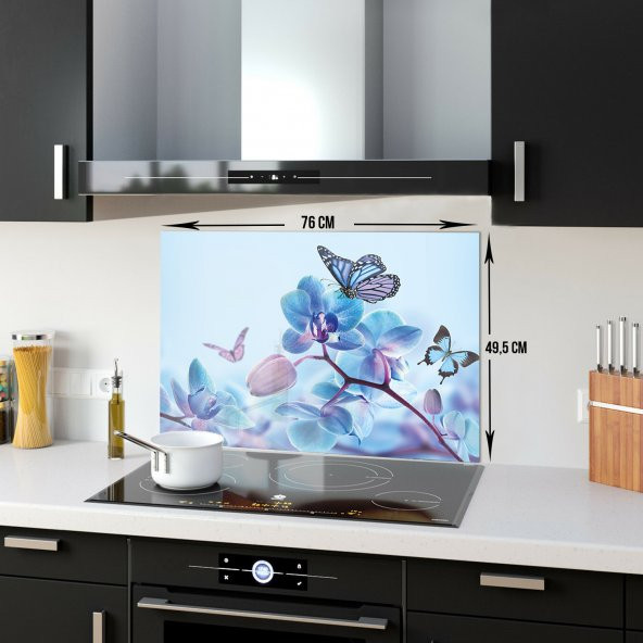 DECORITA Cam Ocak Arkası Koruyucu- Mavi Çiçek Kelebek - 5
