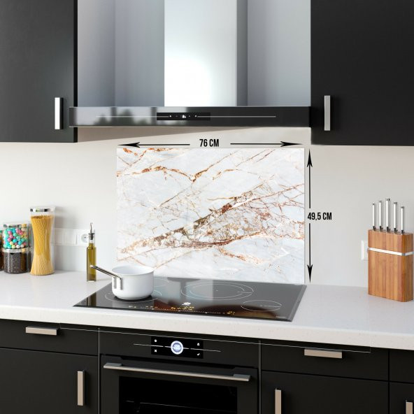 DECORITA Cam Ocak Arkası Koruyucu- Gold Detaylı Beyaz Mermer - 4