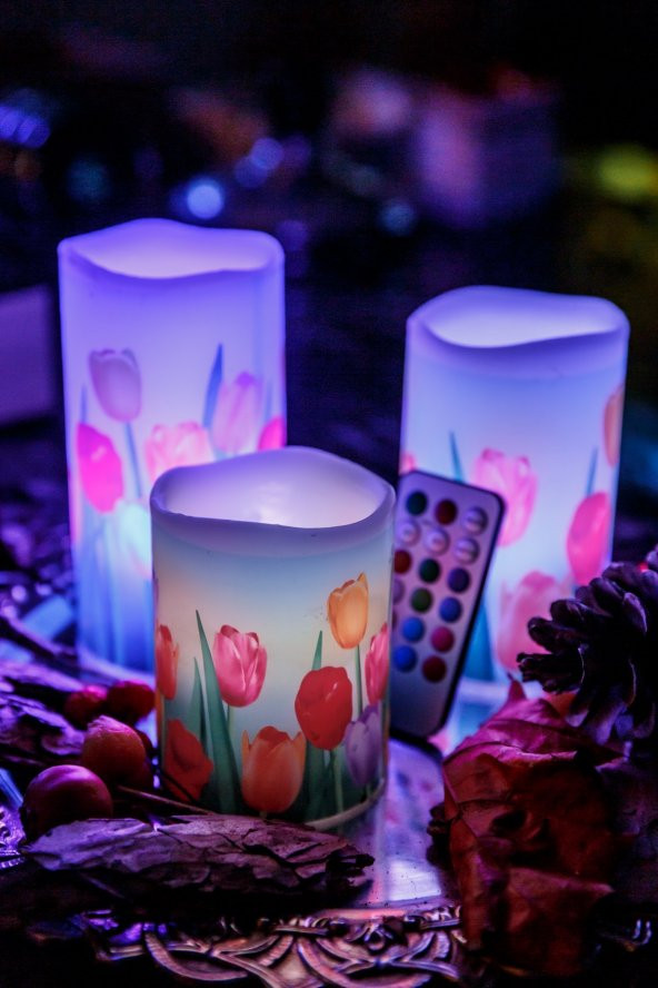 3lü Flowers Renk Değiştiren Kumandalı Led Mum Seti