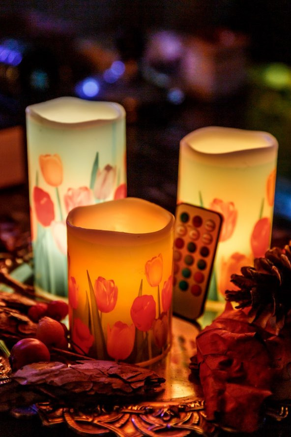 3lü Flowers Renk Değiştiren Kumandalı Led Mum Seti - 2