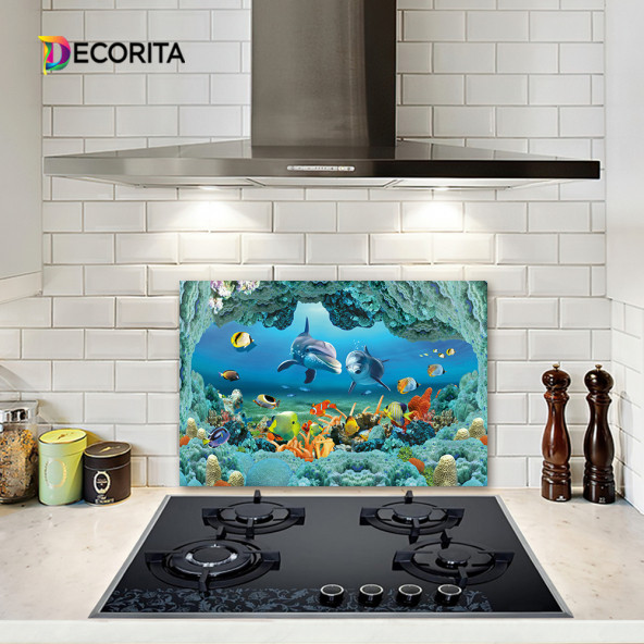 DECORITA Cam Ocak Arkası Koruyucu- Akvaryum Desen