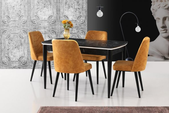 Açılır Vega Mutfak Masası Siyah Mermer + 4 Adet Dallas Sandalye Takımı