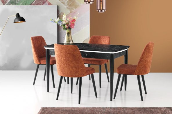 Açılır Vega Mutfak Masası Siyah Mermer + 4 Adet Lotus Sandalye Takımı