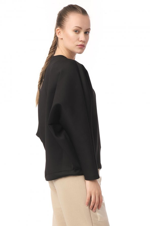 Kadın Siyah Oversize Bisiklet Yaka Basic Sweatsirht - 3