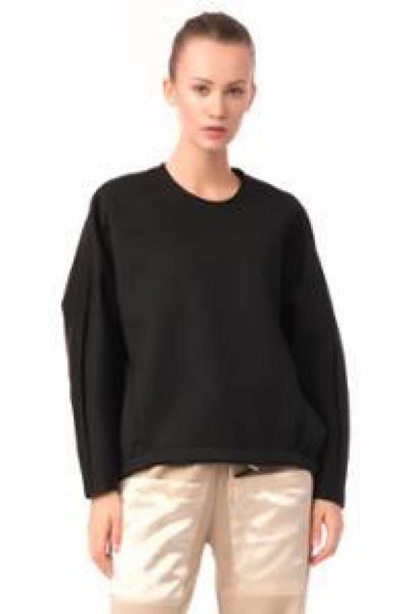 Kadın Siyah Oversize Bisiklet Yaka Basic Sweatsirht - 6