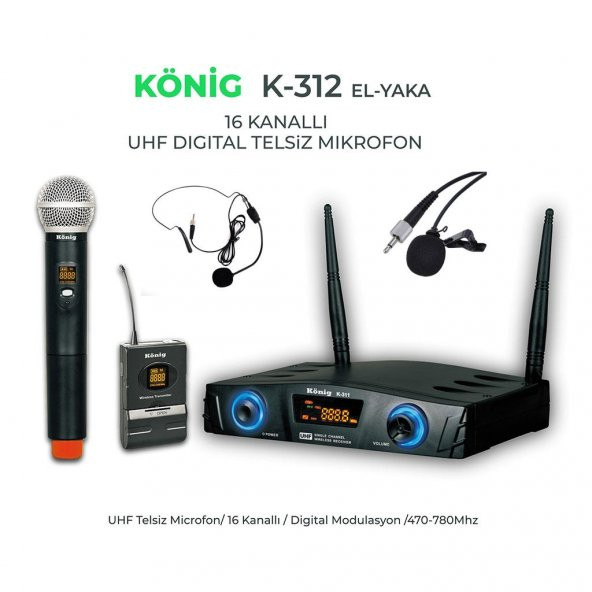 König K-312 EY El Yaka Kablosuz Mikrofon 16 Digital Kanal Uhf