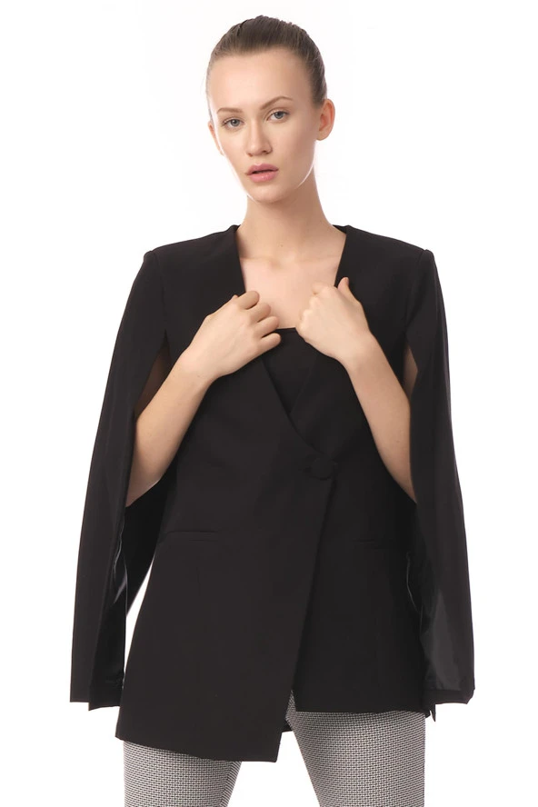 Kadın Kruvaze Panço Kol Detaylı Klasik Blazer Ceket