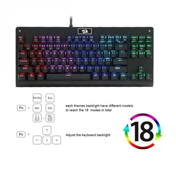 REDRAGON K568RGB DARK AVENGER USB Q Trk RGB Led Aydınlatmalı Mekanik Siyah Gaming Klavye - Resim 4