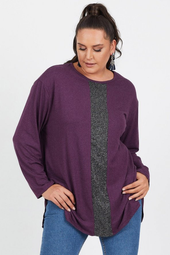 Büyük Beden Mor Salaş Önü Sim Detaylı Uzun Kol Bluz - 4