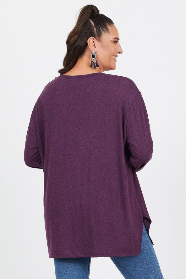 Büyük Beden Mor Salaş Önü Sim Detaylı Uzun Kol Bluz - 5