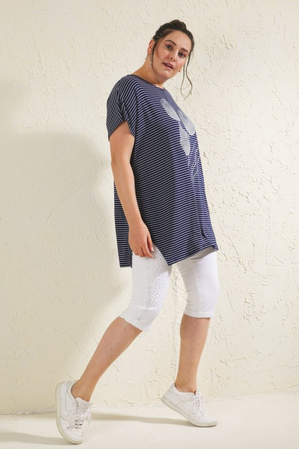 Büyük Beden Lacivert Salaş Çizgili Lale Baskılı T-shirt - 5