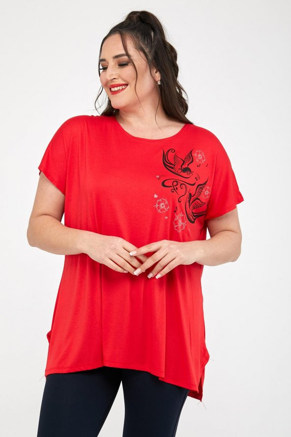 Büyük Beden Kırmızı Salaş Kuş Baskılı T-shirt