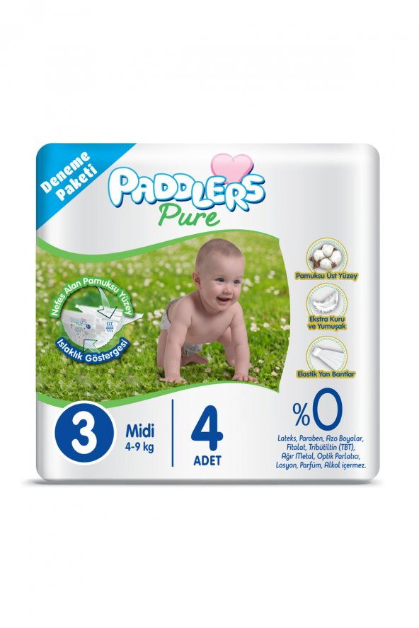 Paddlers Pure Bebek Bezi 3 Numara Midi 4 Adet ( 4-9 kg) Deneme Paketi - Resim 5