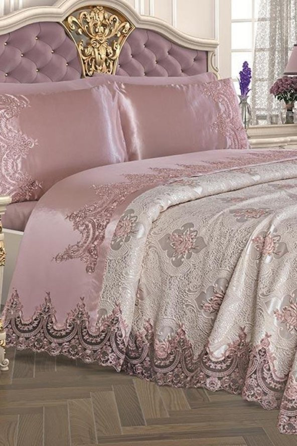 Fransız Güpürlü Tek Kişilik Eylül Pike Takımı Pudra - Resim 2