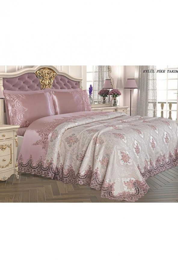 Fransız Güpürlü Tek Kişilik Eylül Pike Takımı Pudra - Resim 5